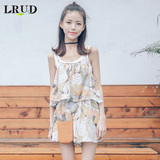 LRUD2016夏季新款韩版荷叶边印花度假吊带连体裤女宽松高腰短裤