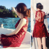 代购欧时力女装夏季性感蕾丝连衣裙韩版红色礼服刺绣修身包臀裙子