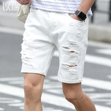 以棉夏季韩版男士修身直筒短裤青少年潮流破洞四分牛仔裤日系中裤