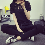 学生春装新款女装2016韩版短袖t恤女夏+黑色九分裤休闲运动套装潮