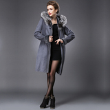 2015冬新款羊剪绒皮毛一体大衣女士中长款大狐狸毛领修身皮草外套