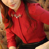 2016春装新款 修身镶钻雪纺衬衫女长袖 韩版OL职业衬衣女装打底衫