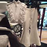 泰国潮牌女夏装2016荷叶边新款蕾丝上衣时尚名媛喇叭裤两件套套装