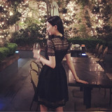 香港Maje专柜代购 2016夏季新款性感蕾丝雪纺中长款黑色连衣裙