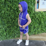 PANPANBABY韩国定制男女儿童超拉风连帽无袖T恤+短裤运动纯棉套装