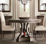 美式新古典实木圆桌餐厅餐桌法式橡木餐桌椅组合仿古复古做旧家具