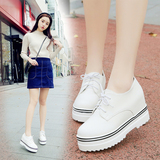 韩版女士白色厚底皮鞋系带中跟内增高防水台单鞋原宿松糕鞋女鞋子