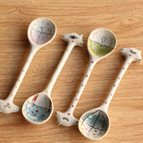 手工陶瓷餐具 精品饭汤勺 创意可爱长柄陶瓷勺子长颈鹿大圆勺
