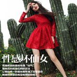 大码女装红色连衣裙2016秋季长袖修身显瘦高腰百搭蕾丝蓬蓬连衣裙