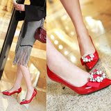 韩版红色尖头高跟鞋女鞋伴娘鞋亮皮鞋小细跟6cm性感职业工作单鞋