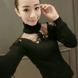韩版春季女装新款性感网纱拼接毛衣套头修身纯色打底衫上衣潮