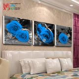 现代客厅无框画挂画魅惑蓝色玫瑰三联装饰画走廊墙画宾馆酒店壁画