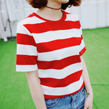 2016春装新款女装韩版红白横条纹短袖T恤圆领体恤夏季夏装潮个性