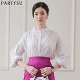 Partysu2016春装新款刺绣长袖衬衫女纯棉百搭白色灯笼袖衬衣韩范
