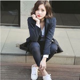 2016韩版竖条纹双排扣休闲显瘦西装套装两件套女潮春秋款西服套装
