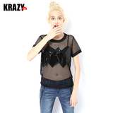 【限时秒惠】Krazy  进口网眼布亮片元素拼接透视T恤衫夏女7360