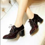 香港代购2016夏季新款女士牛皮系带鞋子漆皮英伦牛津高跟粗跟单鞋