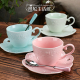 蝴蝶花朵新骨瓷彩色咖啡杯碟欧式浮雕陶瓷花茶杯糖果色下午茶杯子