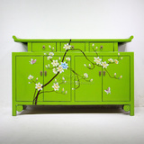 中式明清古典家具绿色彩绘花卉榆木餐边柜翘头玄关柜四门鞋柜隔断