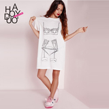Haoduoyi2016夏新款 欧美时尚个性图案印花 宽松短袖中长款女T恤