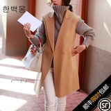 2016韩国新款羊毛呢子马甲女 中长款休闲显瘦西装领坎肩马夹外套