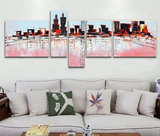 现代抽象画客厅沙发背景墙装饰画挂画无框画五联手绘油画城市夜景