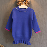 喜多品牌童装2015秋装新品女童超洋气钉珠袖口撞色长版波浪边毛衣