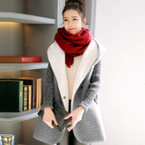 2015冬装新款韩版加厚中长款棉服女 针织袖拼接羊羔毛连帽外套女