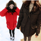 韩国代购2015韩版工装中长款棉衣女宽松加厚羽绒棉服连帽棉袄外套