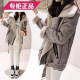 韩国代购冬装鹿皮绒棉衣羊羔毛外套翻领女麂皮绒机车服机车厚棉袄