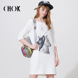 CHOK春装新款圆领七分袖直筒连衣裙印花黑白色气质欧洲站打底裙潮