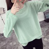 2016韩国少女秋季新款 荧光绿大码宽松休闲时尚学生条纹衫长袖T恤