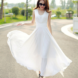 香港专柜代购夏季新款韩国SZ女装沙滩长裙修身气质纯色雪纺连衣裙