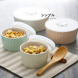 日式陶瓷保鲜碗便当盒简约格纹圆形碗大中小耐热保鲜碗微波炉可用