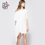 Haoduoyi2016夏季女装新款  欧美简约不规则纯色中长款T恤连衣裙