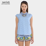 enid2015夏季新品镂空绣花泡泡短袖假两件修身女衬衫衬衣1428104