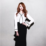 2016春秋新款韩版OL风格时尚气质领带黑白拼色雪纺衫长袖打底女装