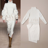2015冬装新款 欧美时尚灯笼袖白色加厚高领羊毛毛衣+修身半裙套装