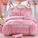 婚庆韩式公主刺绣花蕾丝床单床盖四件套六八公主粉大红结婚1.8米
