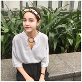 韩国小清新V领条纹衬衫女 夏季新款女士半截袖衬衣 时尚个性寸衫