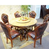 欧式餐桌椅组合 大理石餐桌美式实木雕花1.3米圆餐桌小户型饭桌