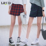 LRUD2016秋季新款韩版高腰撞色格子半身裙女不规则开叉A字短裙