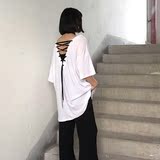 2016夏季新款韩版女装后背系带镂空露背宽松中长款t恤短袖女上衣