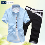 夏季青少年短袖衬衫套装韩版男士大码修身衬衣印花7分裤子学生潮
