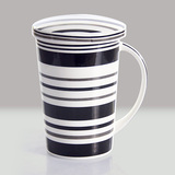 瑞玖创意简约条纹骨瓷马克杯陶瓷水杯大容量咖啡杯茶杯带盖牛奶杯