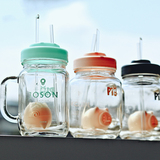 创意透明耐热玻璃杯子成人学生儿童吸管水杯梅森瓶泡茶带盖公鸡杯