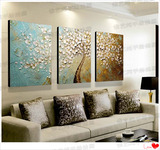 客厅纯手绘油画无框画沙发背景墙装饰画欧式抽象壁画三联画发财树