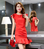 韩版修身短袖鱼尾荷叶边连衣裙夏天2016夏季女装红色显瘦包臀裙子