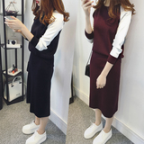 2016秋季韩版新款甜美女装圆领拼色长袖显瘦套装长裙连衣裙二件套