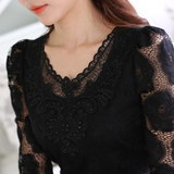 蕾丝衫女2015秋装新款韩版女装上衣长袖雪纺衫加绒加厚修身打底衫